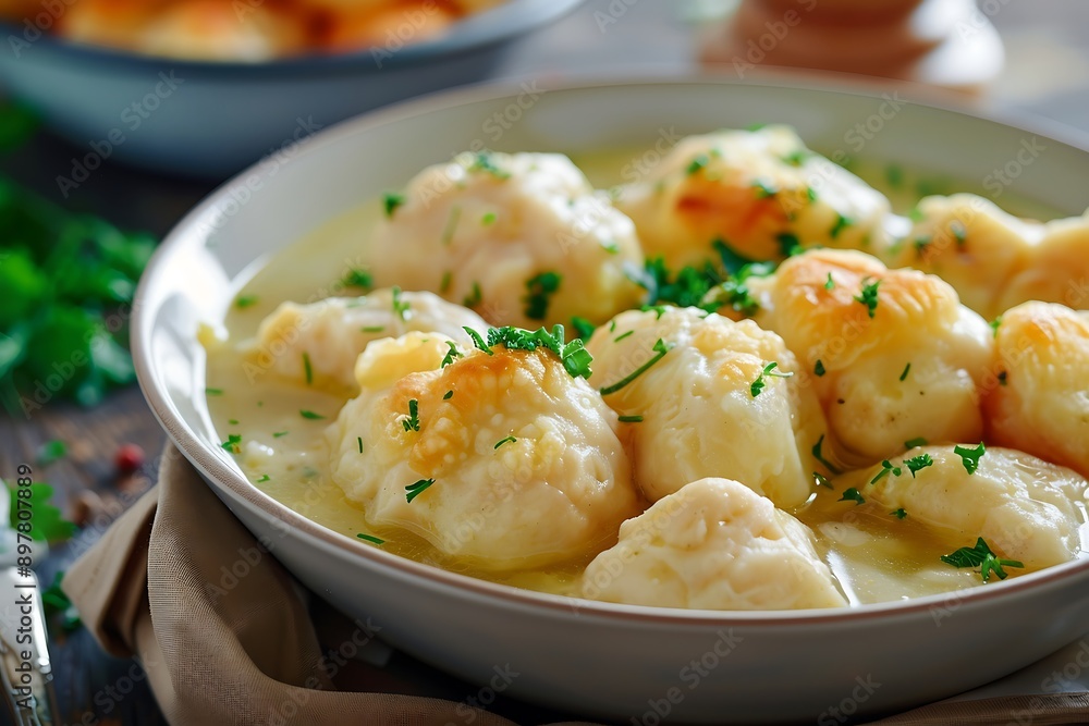 Chicken soup with dumplings in a bowl Chicken soup with dumplings in a bowl