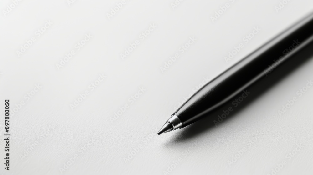 Stylish metallic ballpoint pen rests on a clean white surface, poised for writing Stylish metallic ballpoint pen rests on a clean white surface, poised for writing
