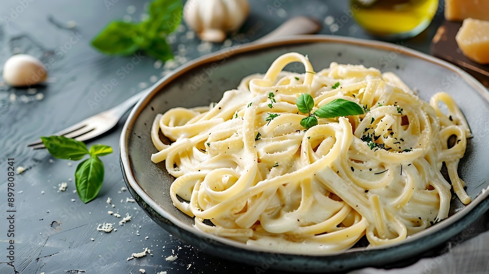 Spaghetti carbonara with parmesan cheese and basil Spaghetti carbonara with parmesan cheese and basil