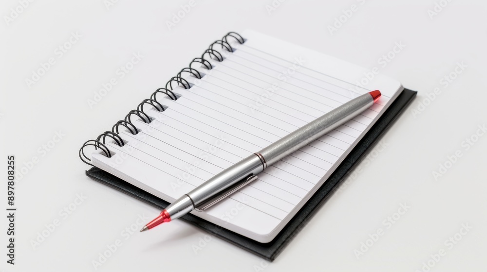Silver pen is lying on a blank white spiral notebook with a black cover for business planning Silver pen is lying on a blank white spiral notebook with a black cover for business planning