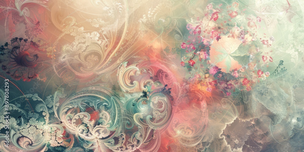 This is a beautiful and dreamy floral design with soft pastel colors and intricate patterns, creating a fantasy feeling This is a beautiful and dreamy floral design with soft pastel colors and intricate patterns, creating a fantasy feeling