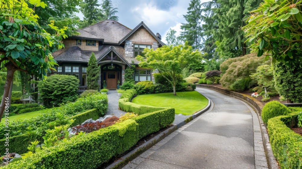 A front yard with a curved driveway, neatly trimmed hedges, and a welcoming entrance pathway. A front yard with a curved driveway, neatly trimmed hedges, and a welcoming entrance pathway.