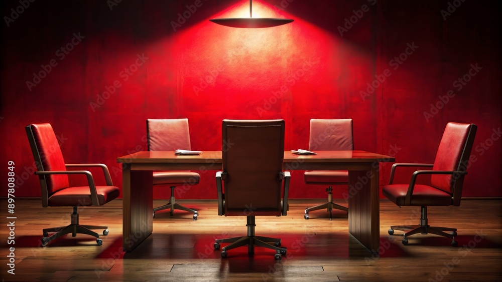 Ominous red background features empty chairs, wooden table, and scattered documents, hinting at clandestine corporate conspiracy unfolding. Ominous red background features empty chairs, wooden table, and scattered documents, hinting at clandestine corporate conspiracy unfolding.