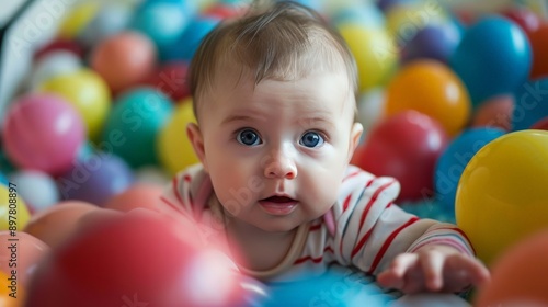 A baby plays in a ball pit, their eyes wide with delight and their hands reaching out to touch the colorful balls. The vibrant surroundings create a fun and lively scene.