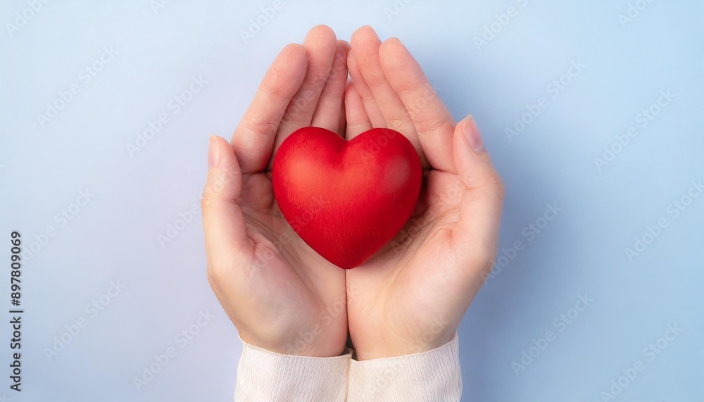 Red heart in hands from above. Healthy, love, donation organ, donor, hope and cardiology concept. Valentines day card. Red heart in hands from above. Healthy, love, donation organ, donor, hope and cardiology concept. Valentines day card.