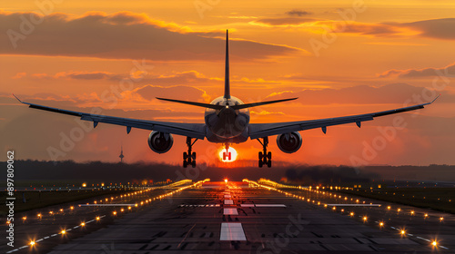 Evening Descent: Captivating View of an Airplane Landing at the Airport Amidst the Golden Sunset, Showcasing the Precision and Beauty of Modern Aviation photo