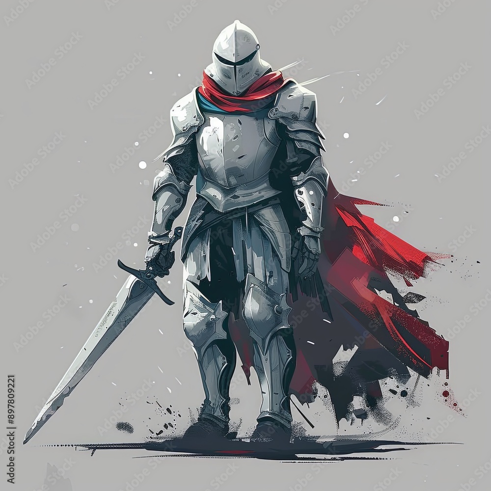 Obraz premium Knight in Shining Armor with Sword and Red Cloak