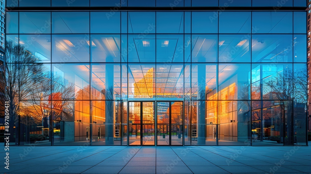 Photograph a building's glass facade reflecting another building.