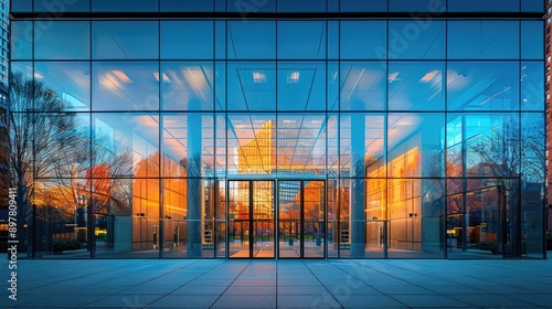 Obraz na płótnie Photograph a building's glass facade reflecting another building. w salonie