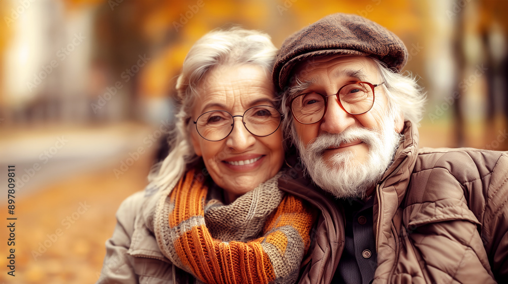 Elderly happy senior couple with a smile, smiling at the camera. The woman with a coat and an orange scarf, the man with a white beard, is wearing a brown jacket. autumn leaves in golden hues Elderly happy senior couple with a smile, smiling at the camera. The woman with a coat and an orange scarf, the man with a white beard, is wearing a brown jacket. autumn leaves in golden hues