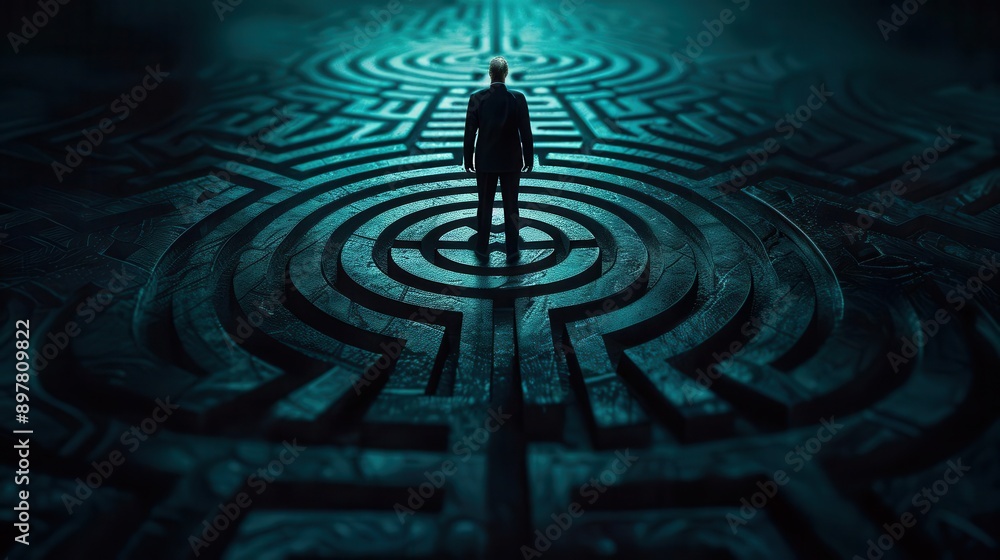 Illustrate a successful businessman standing at the entrance of a large, intricate black maze, symbolizing the challenges of the business world Illustrate a successful businessman standing at the entrance of a large, intricate black maze, symbolizing the challenges of the business world