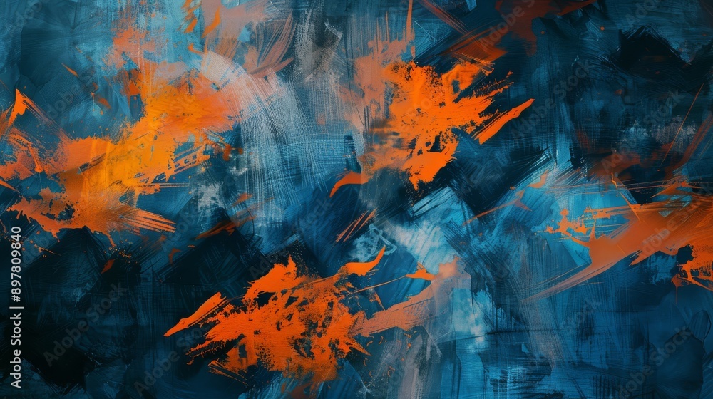 Vibrant abstract artwork with orange and blue brushstrokes on dark canvas, creating energetic composition Vibrant abstract artwork with orange and blue brushstrokes on dark canvas, creating energetic composition