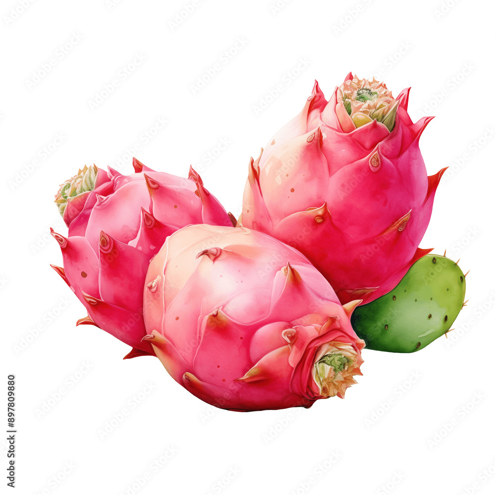 Three Watercolor Isolated Bright Pink Prickly Pears Three Watercolor Isolated Bright Pink Prickly Pears
