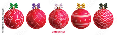 Christmas red balls vector set design. Balls christmas ornament in printed pattern bauble elements with colorful ribbon tie in white isolated background. Vector illustration holiday decor collection. 