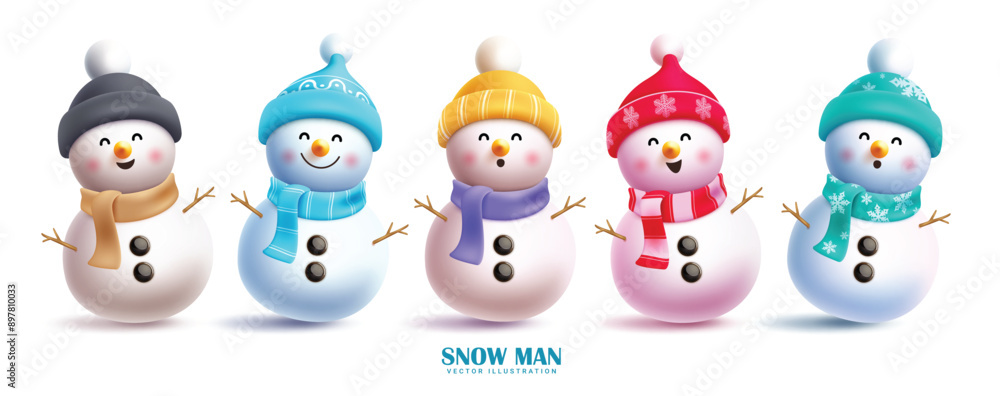 Christmas snowman characters vector set design. Snow man 3d character with cute and friendly faces in colorful hat, scarf and twig elements isolated in snow winter background. Vector illustration xmas Christmas snowman characters vector set design. Snow man 3d character with cute and friendly faces in colorful hat, scarf and twig elements isolated in snow winter background. Vector illustration xmas