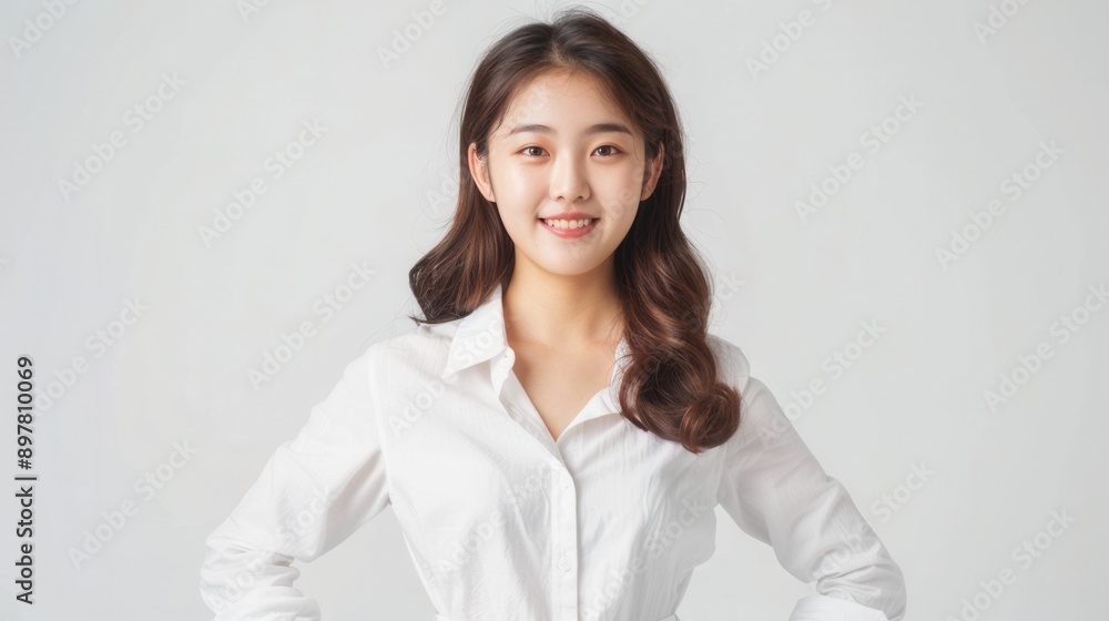 Korean girl with a confident smile and determined eyes on a white background hands on hips Korean girl with a confident smile and determined eyes on a white background hands on hips