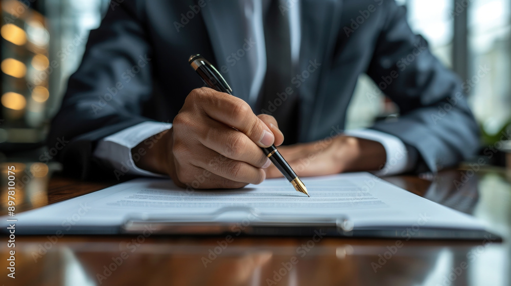 Close-up of a businessman in a suit signing a contract at an office desk with a fountain pen emphasizing professionalism and business. Close-up of a businessman in a suit signing a contract at an office desk with a fountain pen emphasizing professionalism and business.