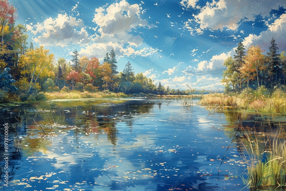 Naklejka premium Tranquil Autumn Lake Scene With Sunlight and Birds in Flight