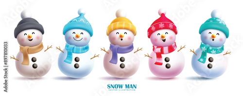 Christmas snowman characters vector set design. Snow man 3d character with cute and friendly faces in colorful hat, scarf and twig elements isolated in snow winter background. Vector illustration xmas