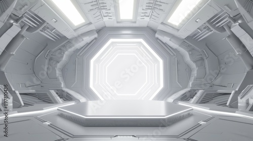 Fototapeta Naklejka Na Ścianę i Meble -  Futuristic white space with octagonal illuminated center.