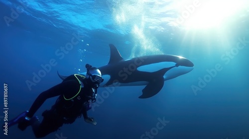 Scuba Diver Encounters Orca in the Deep Blue