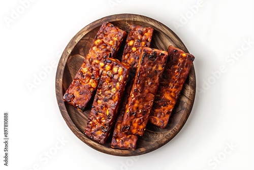 Board and plate of tasty Tempeh with on white background. photo