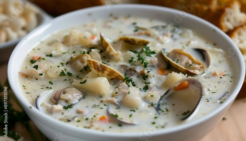 Creamy clam soup with parsley and dill in a bowl