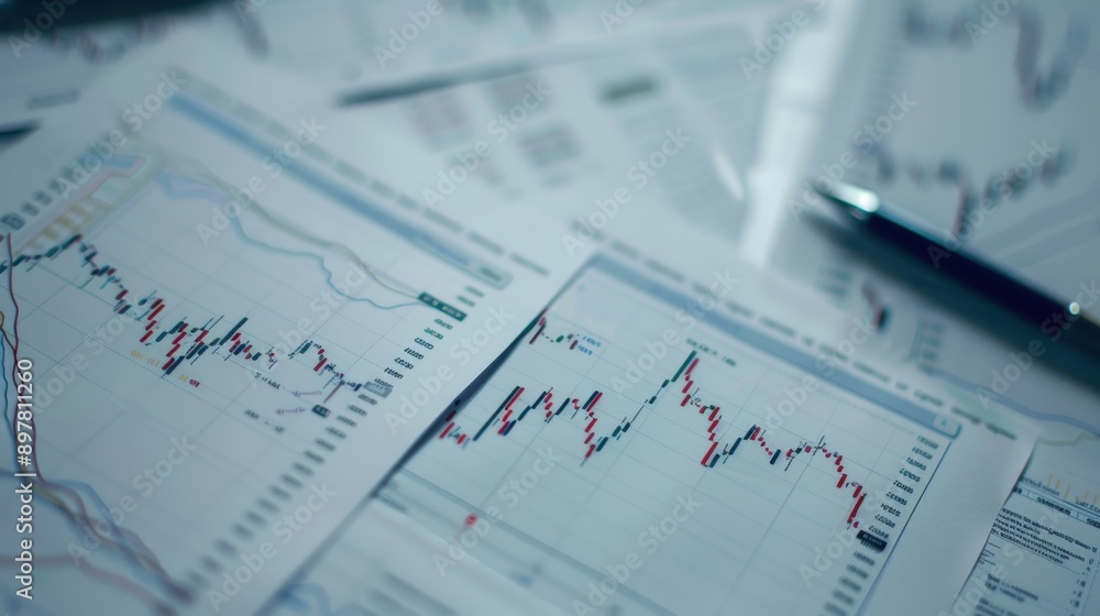 Financial charts and market data displayed on a table with a pen, representing business, finance, and investment concepts Financial charts and market data displayed on a table with a pen, representing business, finance, and investment concepts