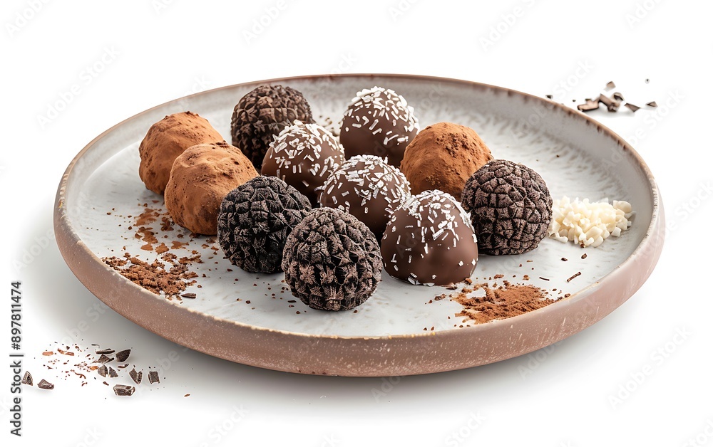 Board and plate of tasty Truffles with on white background. Board and plate of tasty Truffles with on white background.