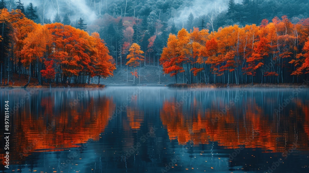 Photograph a reflection of a forest in a lake during autumn.
