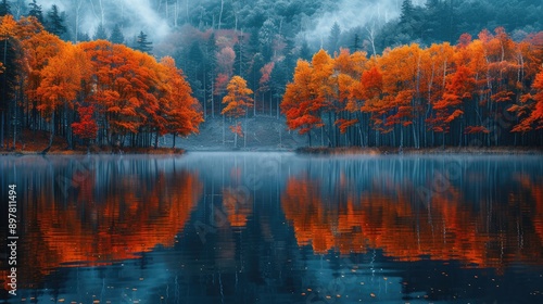 Obraz na płótnie Photograph a reflection of a forest in a lake during autumn. w salonie