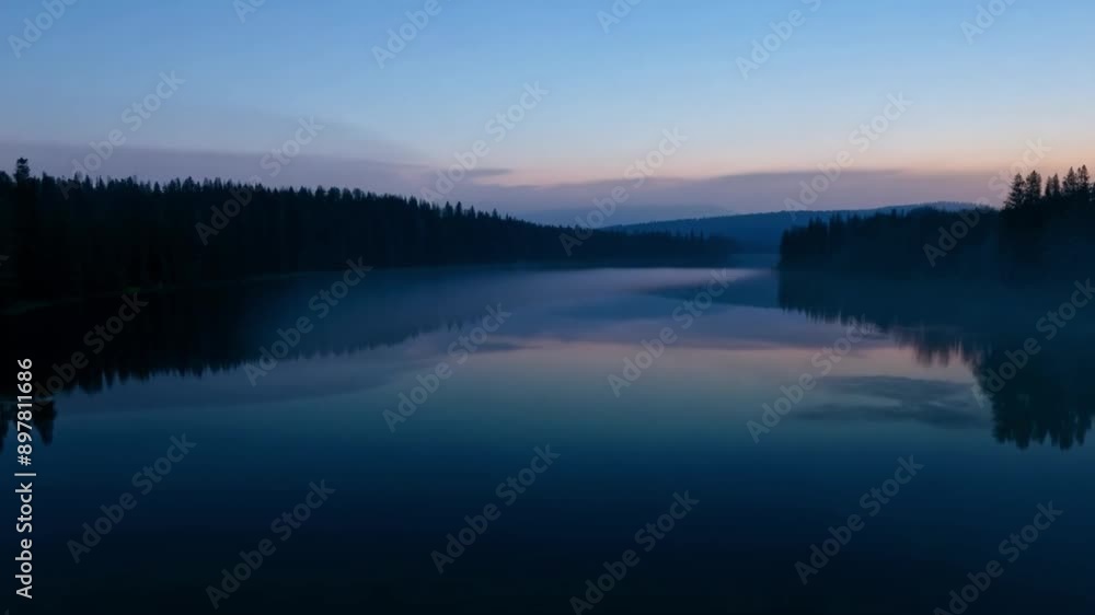 Misty Twilight over Calm Forest Lake. Misty Twilight over Calm Forest Lake.