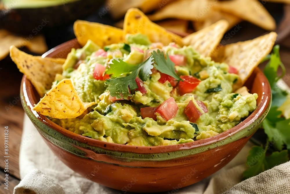 Bowl of guacamole and nachos on wooden background Bowl of guacamole and nachos on wooden background