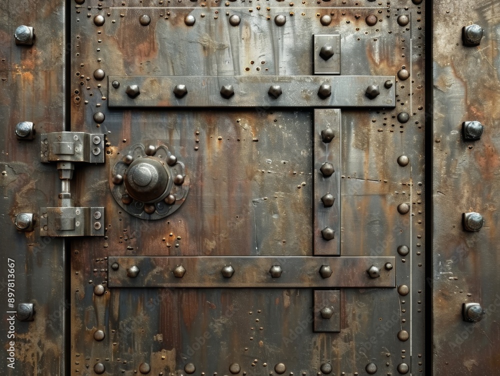 A close-up of a weathered, rusty metal door with rivets, hinges, and a lock. A close-up of a weathered, rusty metal door with rivets, hinges, and a lock.