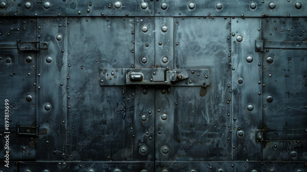 Fototapeta premium A close-up of a weathered metal door with a large latch and rivets.