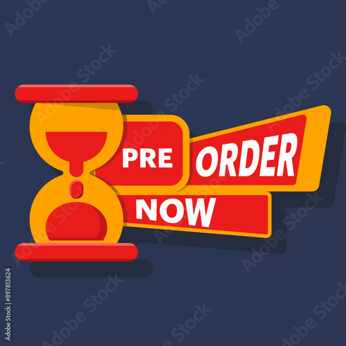 Preorder now concept, yellow red preorder now label clipart, Stock promotion ready for pre-order now. New product items available with best price and discount vector illustration.