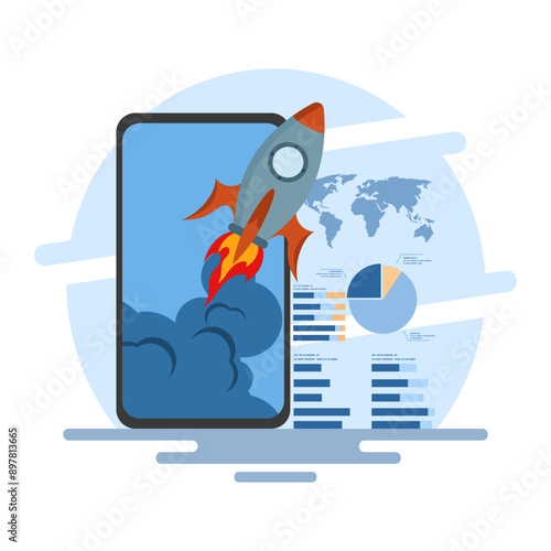 Business startup concept, Flying rocket with global map, computer device on isolated background, launching business project with rocket. giving up a start-up business. digital marketing illustration.