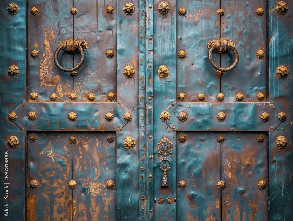 Fototapeta premium A close-up of an ornate, weathered double door with metal accents and ring pulls.