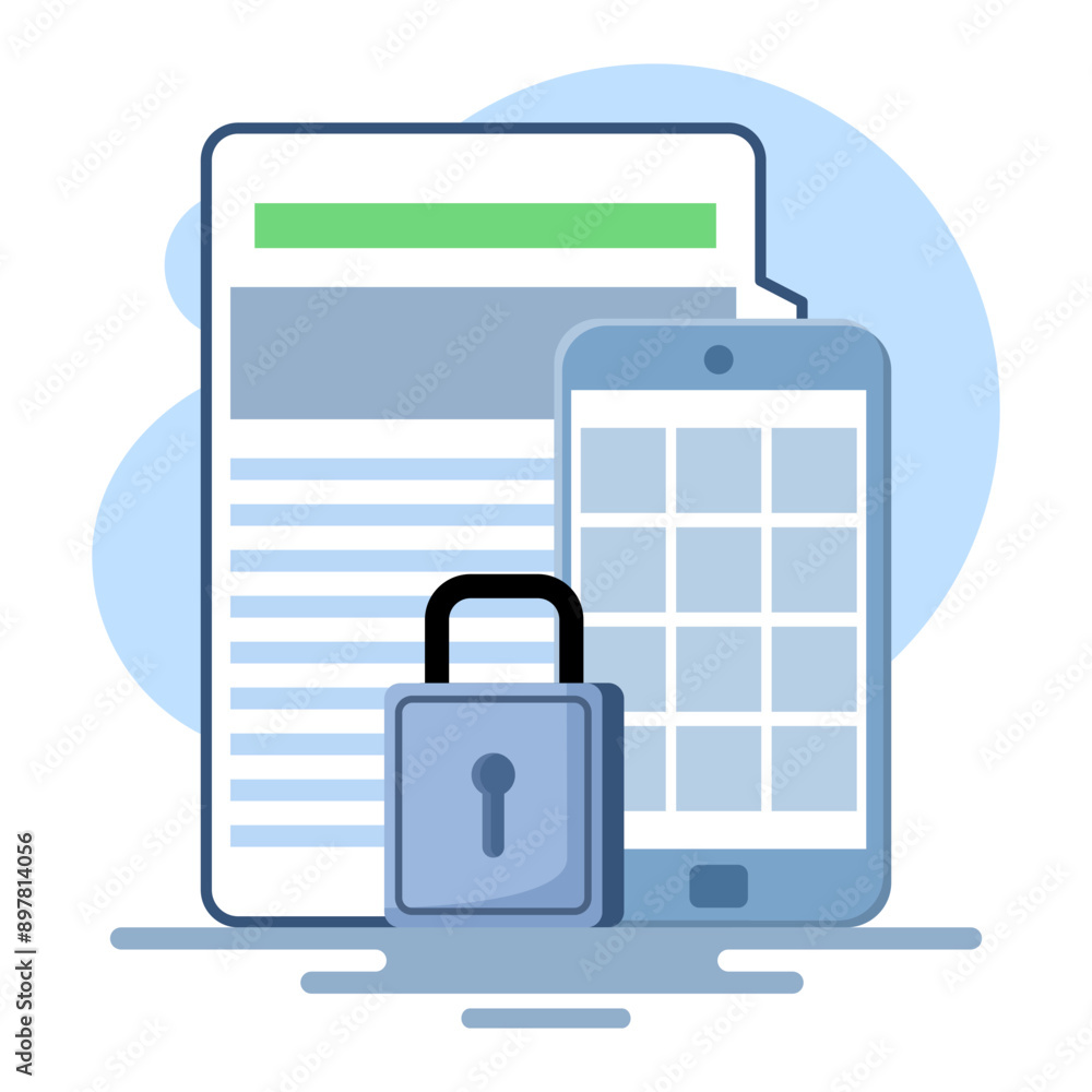 Document security concept on mobile phone. File security is locked. Cyber Security Services to Protect Personal Data. Cloud Shared Documents, Server Security and Data Protection. flat vector. Document security concept on mobile phone. File security is locked. Cyber Security Services to Protect Personal Data. Cloud Shared Documents, Server Security and Data Protection. flat vector.