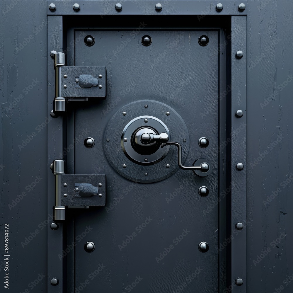 A heavy, steel vault door with a large, circular handle and multiple rivets. A heavy, steel vault door with a large, circular handle and multiple rivets.