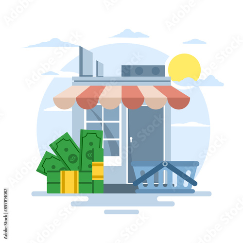 Shop concept. Shop icon, flat design of shop front view with shopping bags and money. money, shopping bags. grocery store, supermarket with different foodstuffs. suitable for various purposes.