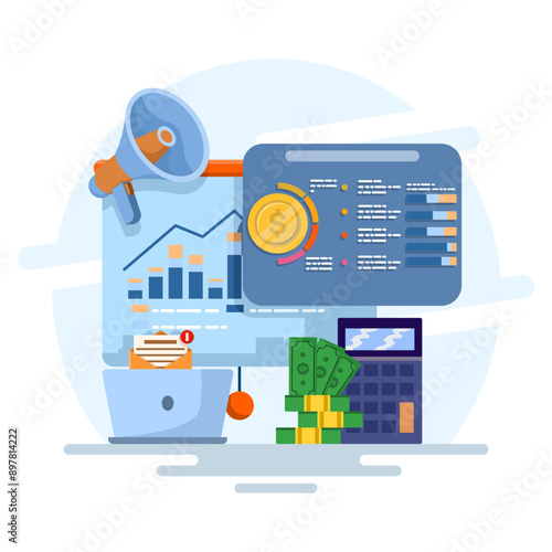 Online marketing budget concept, marketing revenue, investment flat vector with icons, Financial investment, Investment in innovation, marketing, analysis. flat vector illustration.