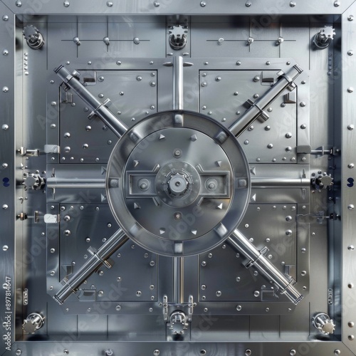 A large, heavy-duty steel vault door with intricate locking mechanisms.