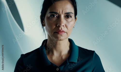 Close-up portrait video of a serious Chinese woman in her 40s wearing a sporty polo shirt against an abstract background 