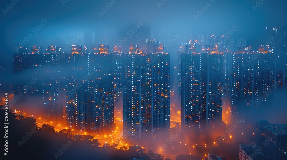 Blurred high-rise buildings in the fog