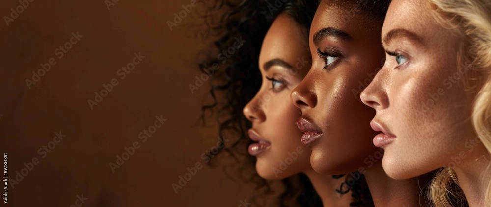 Diverse group of women with different skin tones and hair colors standing together in front of brown background Diverse group of women with different skin tones and hair colors standing together in front of brown background