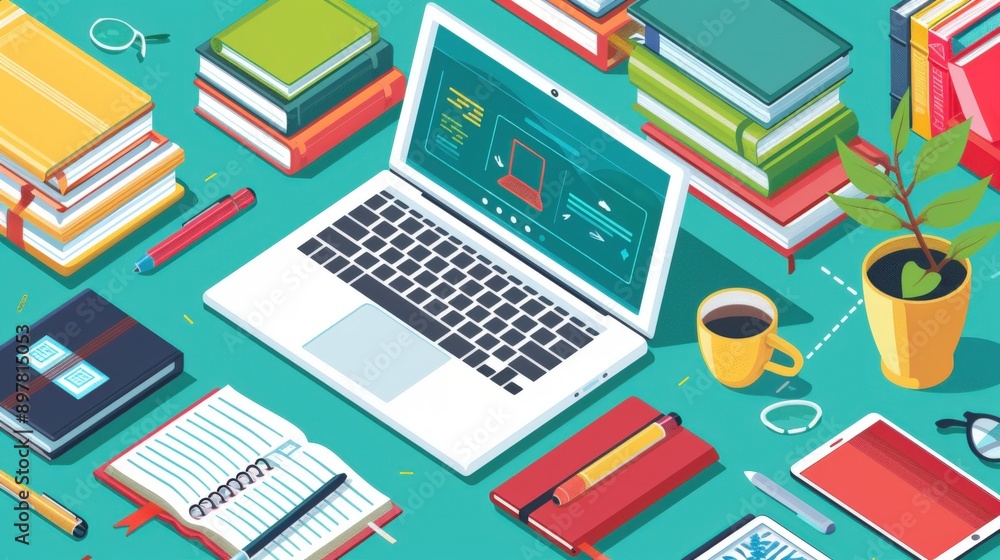 Back to school concept featuring a laptop, books, and other educational tools on a desk in a technology-driven office setting Back to school concept featuring a laptop, books, and other educational tools on a desk in a technology-driven office setting