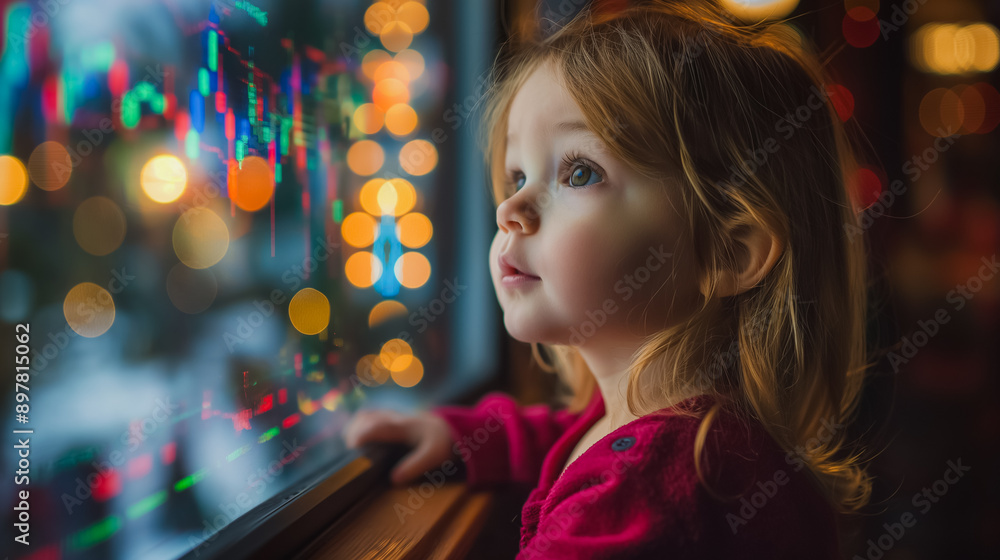 A little girl is looking out a window at a screen with a lot of blurs and lights A little girl is looking out a window at a screen with a lot of blurs and lights
