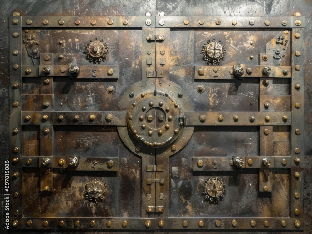 A weathered, rusty metal door with intricate locking mechanisms and rivets. A weathered, rusty metal door with intricate locking mechanisms and rivets.
