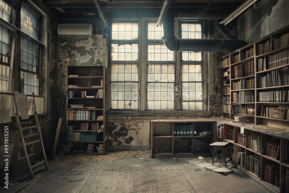 Abandoned library interior with old bookshelfs and windows. Abandoned library interior with old bookshelfs and windows.